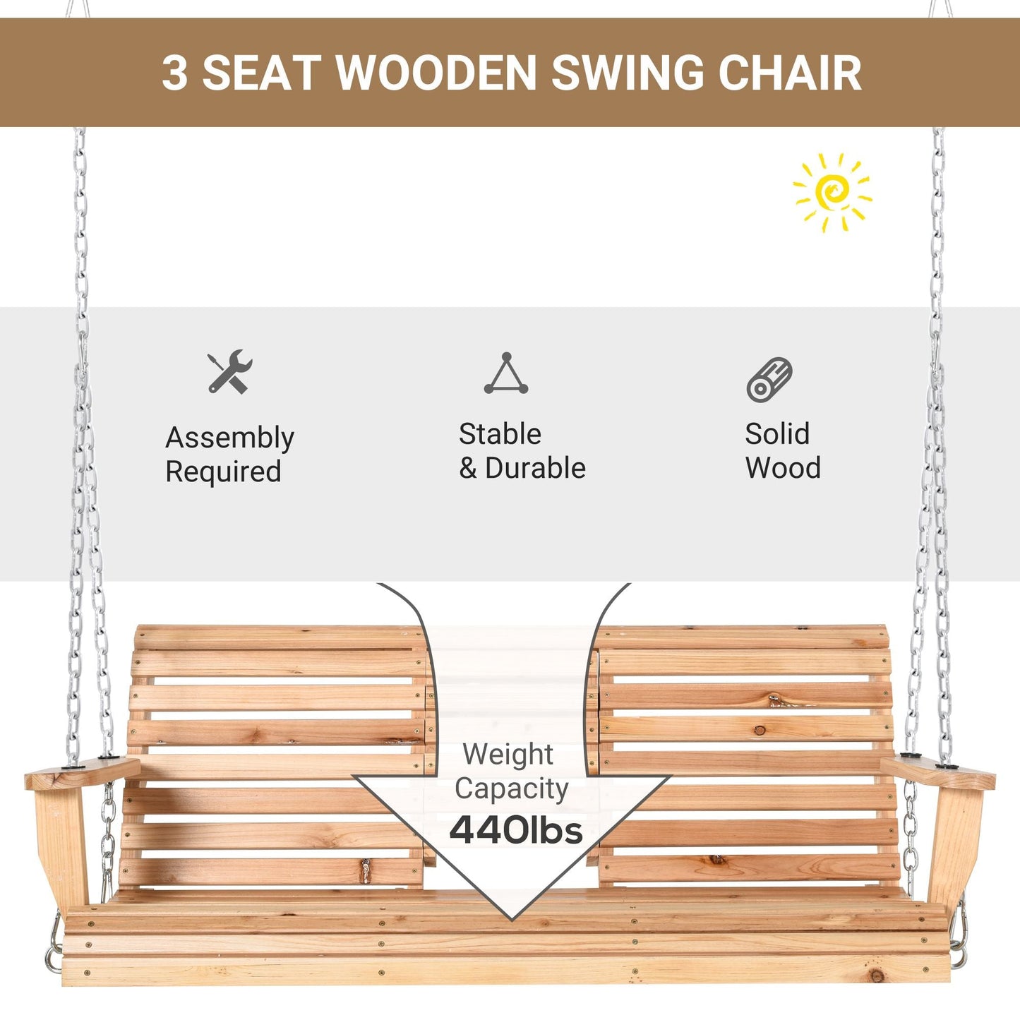 3-Seater Wooden Porch Swing, Patio Swing Bench with Folding Coffee Table - EcoStuff