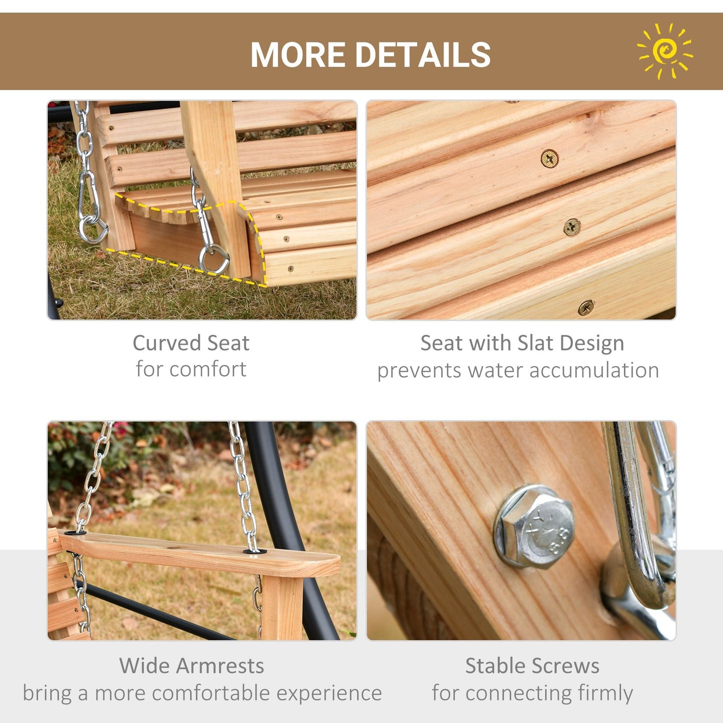 3-Seater Wooden Porch Swing, Patio Swing Bench with Folding Coffee Table - EcoStuff
