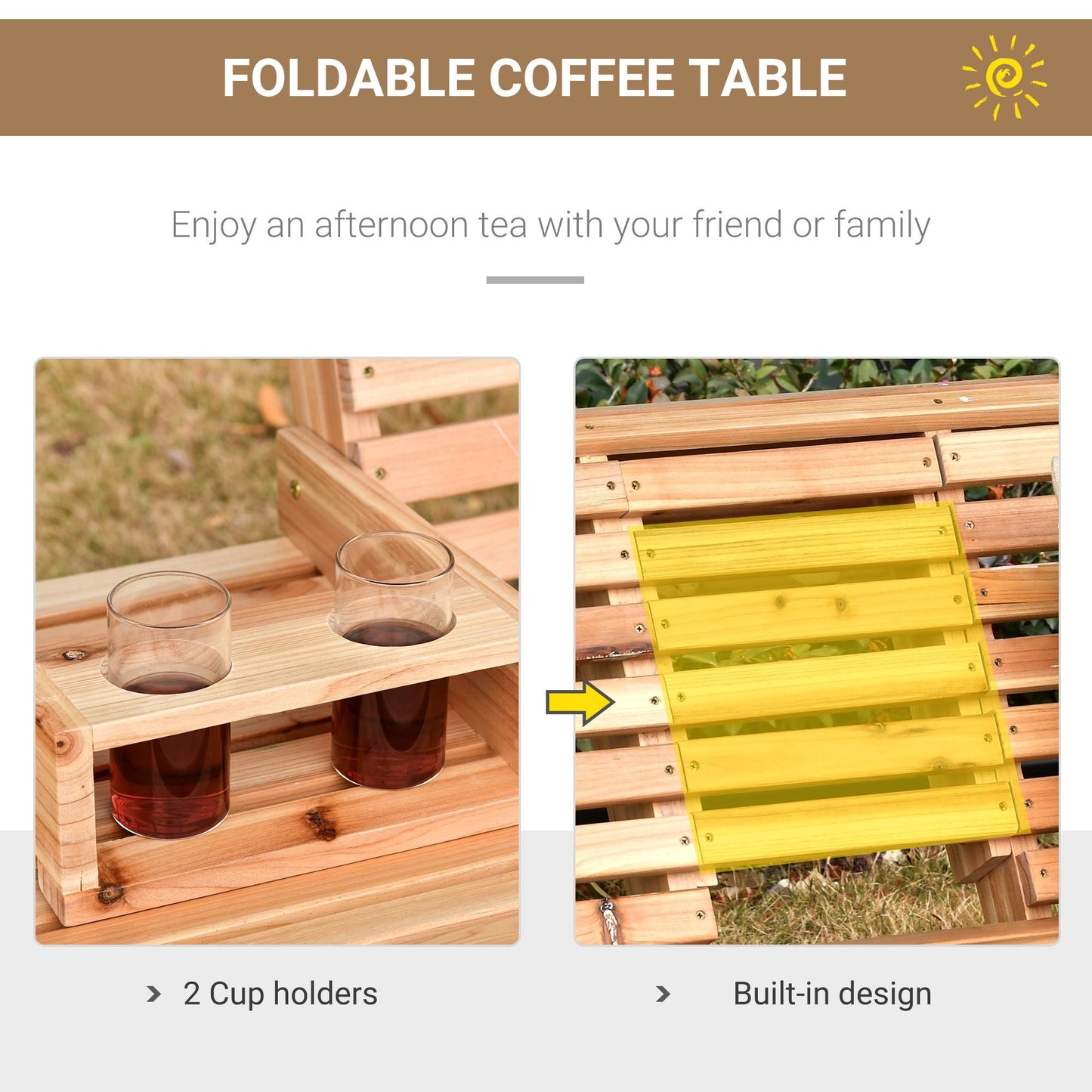 3-Seater Wooden Porch Swing, Patio Swing Bench with Folding Coffee Table - EcoStuff