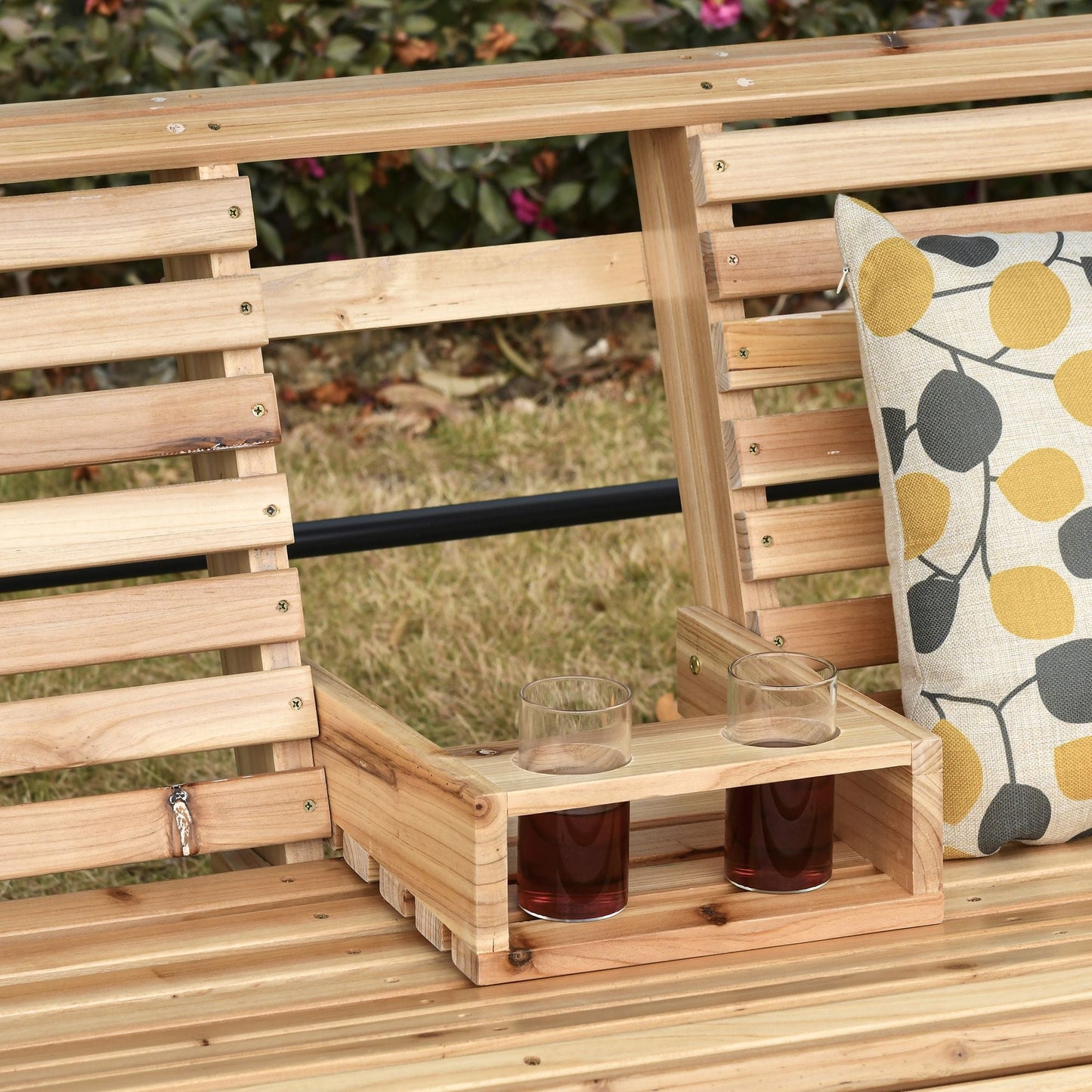 3-Seater Wooden Porch Swing, Patio Swing Bench with Folding Coffee Table - EcoStuff