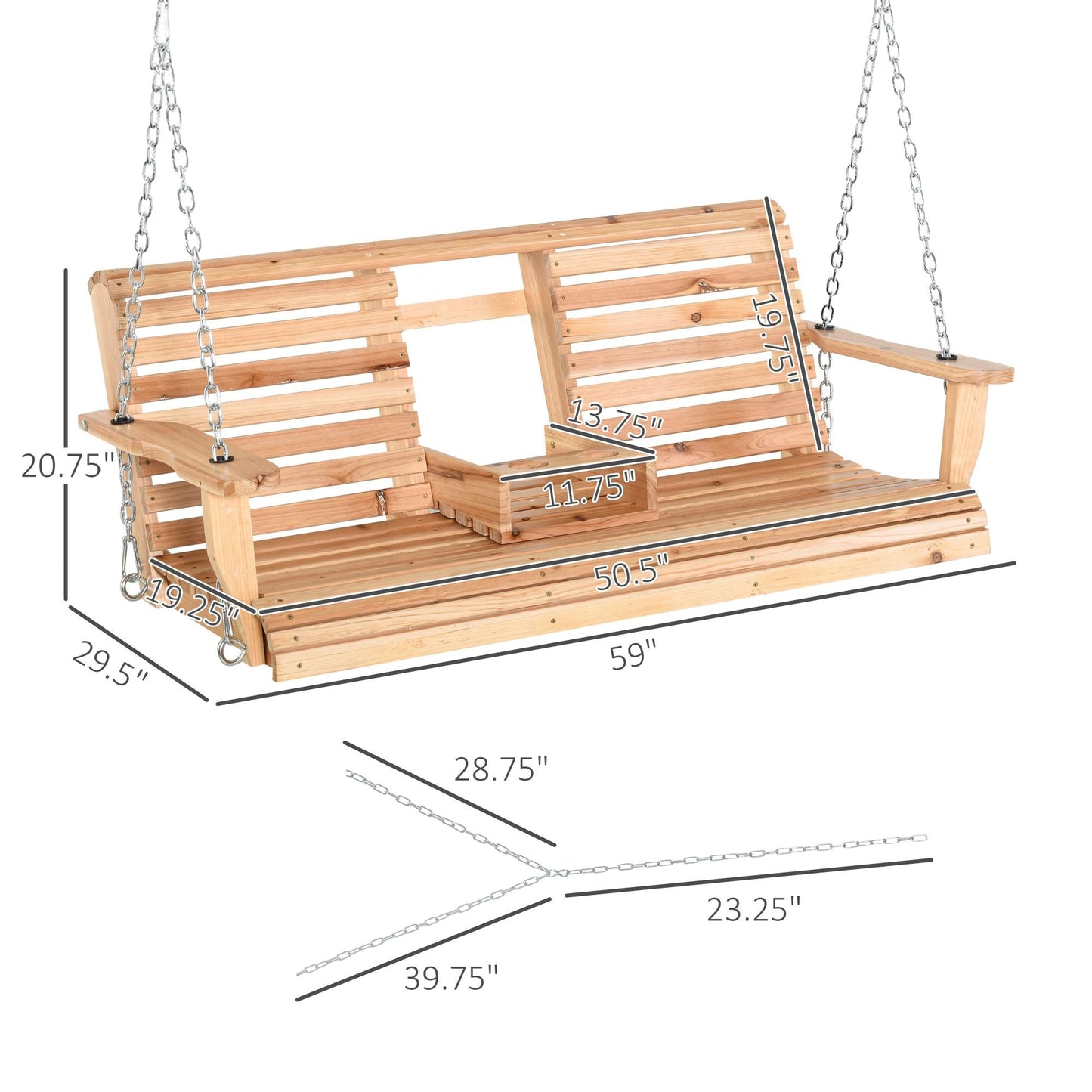 3-Seater Wooden Porch Swing, Patio Swing Bench with Folding Coffee Table - EcoStuff