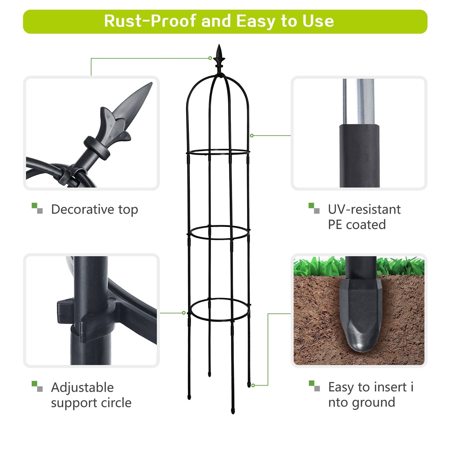 6.2ft Garden Obelisk Trellis; Lightweight Rustproof Plastic Coated Metal Tall Tower Trellis Stand - EcoStuff