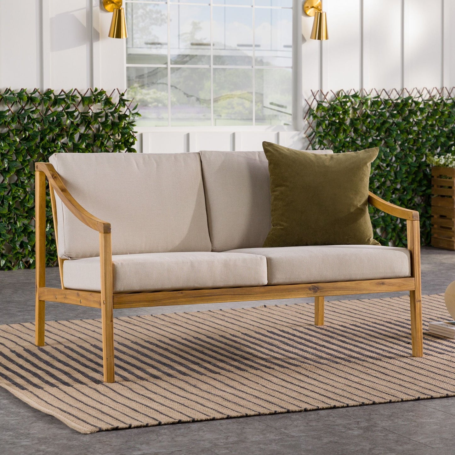 Modern Curved Arm Solid Wood Upholstered Outdoor Loveseat – Natural - EcoStuff