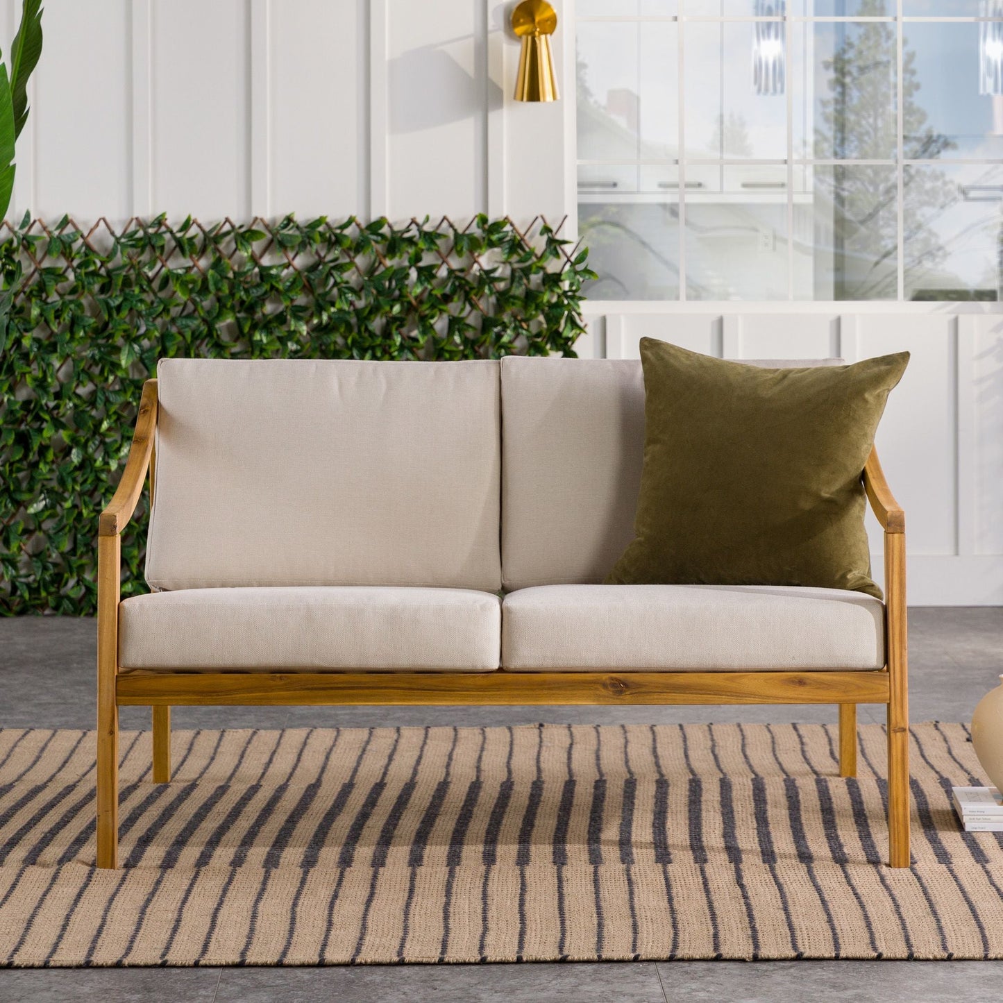 Modern Curved Arm Solid Wood Upholstered Outdoor Loveseat – Natural - EcoStuff