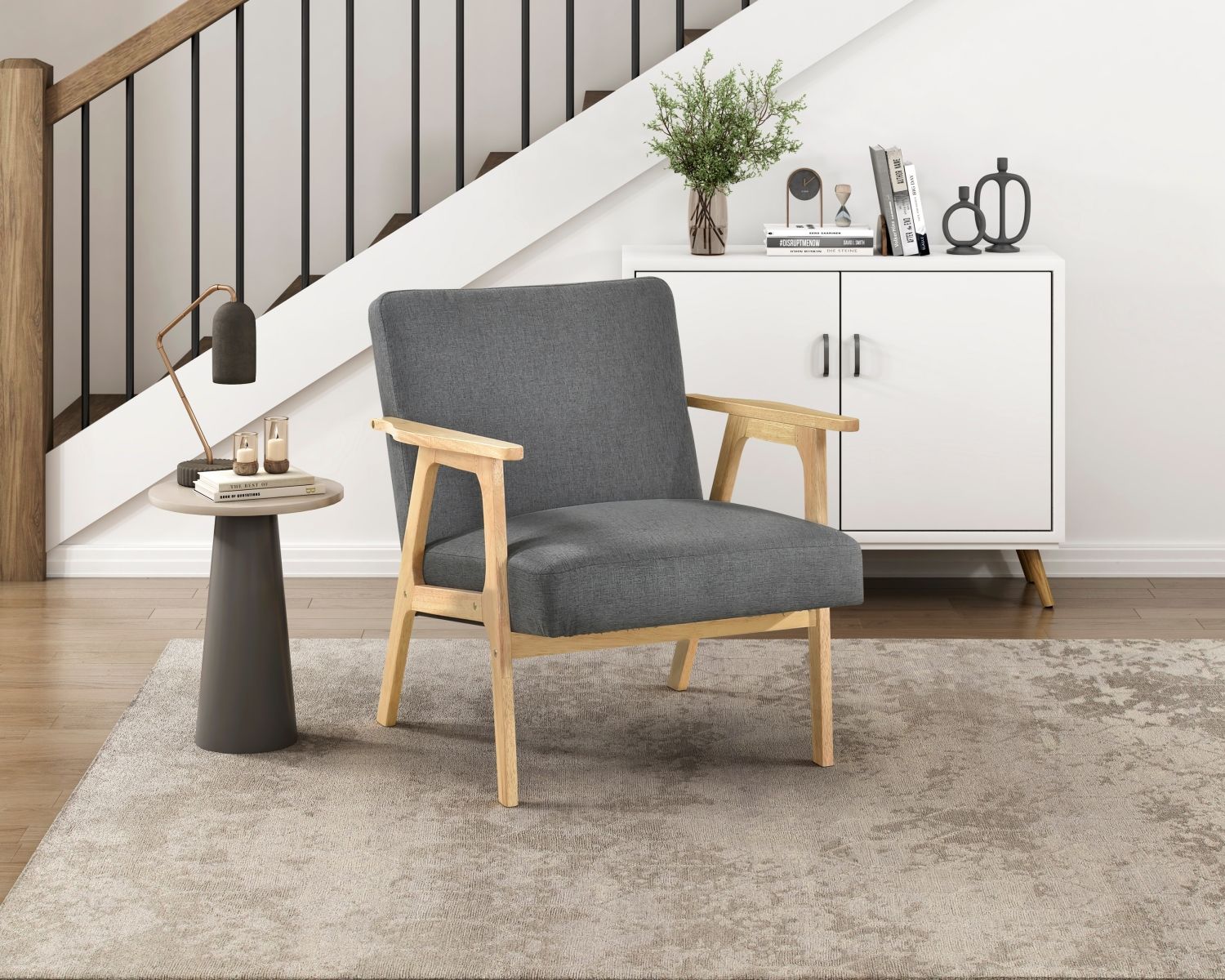 Modern Dark Gray Fabric Upholstery Accent Chair Solid Rubberwood Natural Finish Contemporary Cushion Seat - EcoStuff