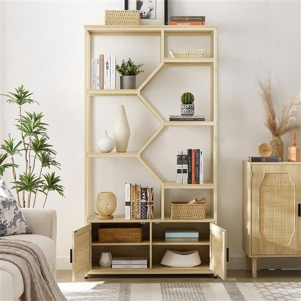 Rattan bookshelf 7 tiers Bookcases Storage Rack Natural, 39.4'' W x 13.8'' D x 75.6'' H. - EcoStuff