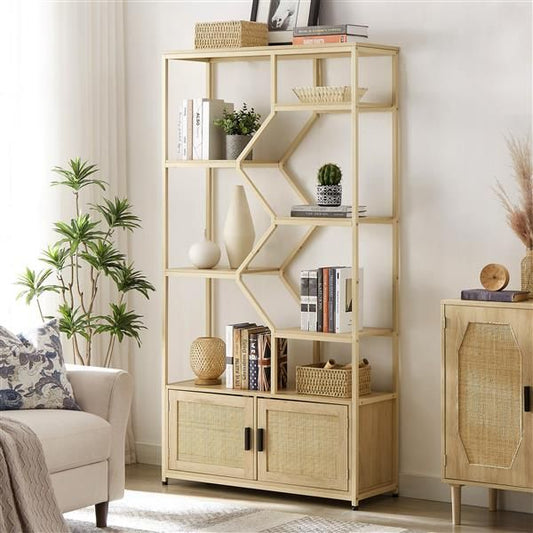 Rattan bookshelf 7 tiers Bookcases Storage Rack Natural, 39.4'' W x 13.8'' D x 75.6'' H. - EcoStuff
