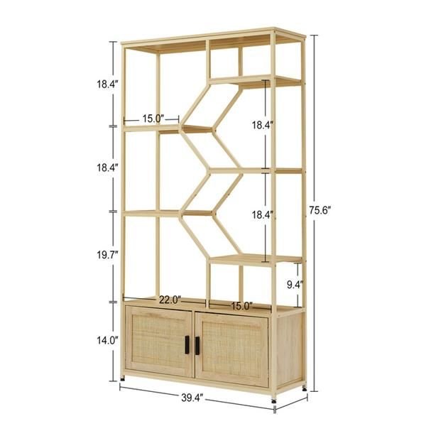 Rattan bookshelf 7 tiers Bookcases Storage Rack Natural, 39.4'' W x 13.8'' D x 75.6'' H. - EcoStuff