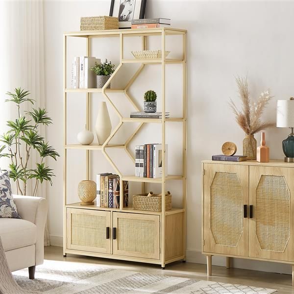 Rattan bookshelf 7 tiers Bookcases Storage Rack Natural, 39.4'' W x 13.8'' D x 75.6'' H. - EcoStuff