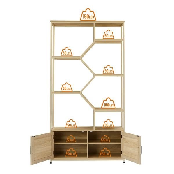 Rattan bookshelf 7 tiers Bookcases Storage Rack Natural, 39.4'' W x 13.8'' D x 75.6'' H. - EcoStuff