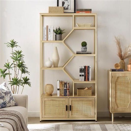 Rattan bookshelf 7 tiers Bookcases Storage Rack Natural, 39.4'' W x 13.8'' D x 75.6'' H. - EcoStuff