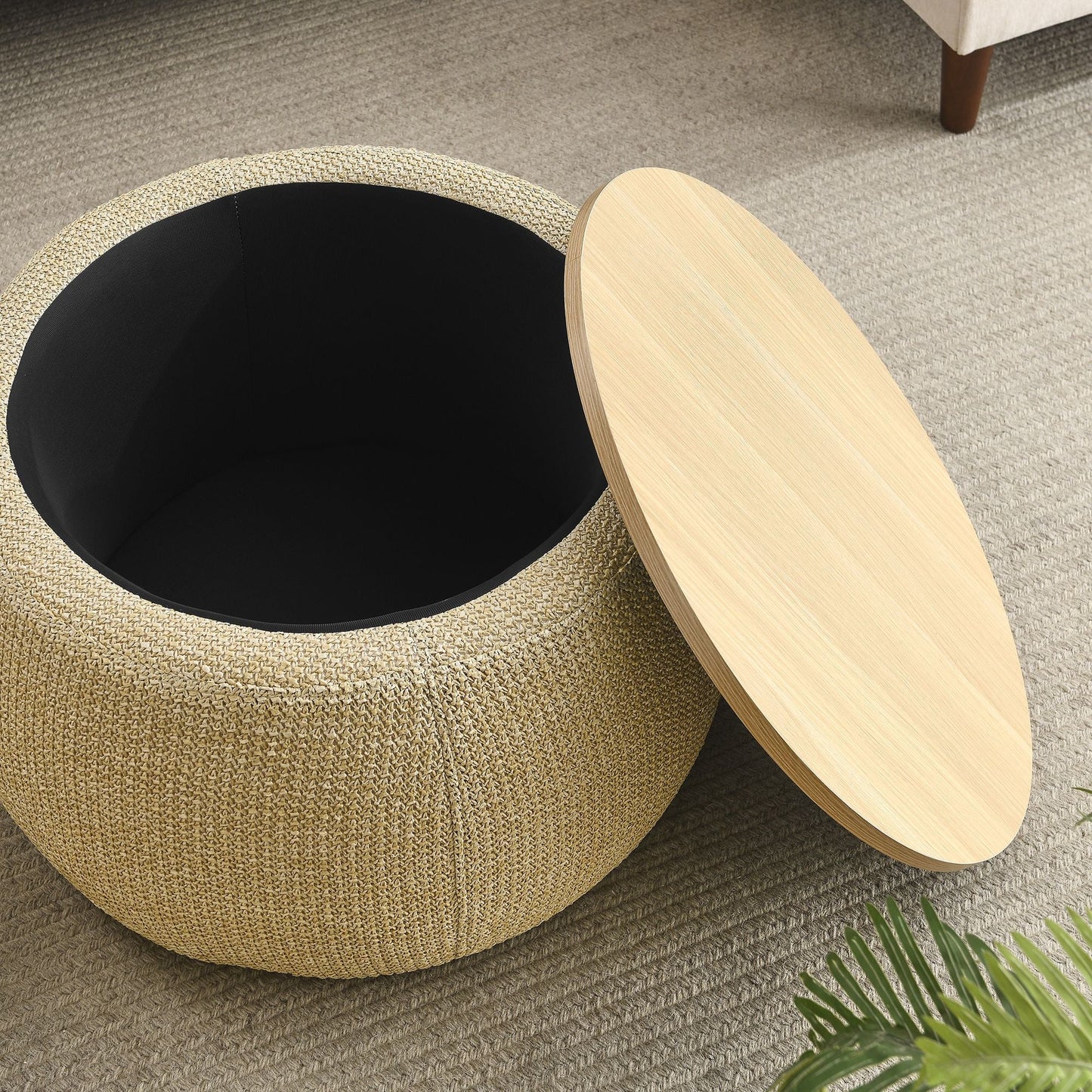 Round Storage Ottoman, 2 in 1 Function, Work as End table and Ottoman, Natural (25.5"x25.5"x14.5") - EcoStuff