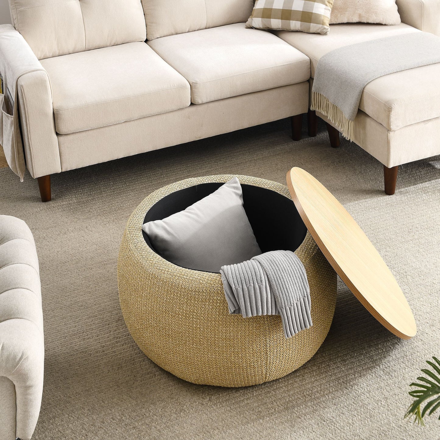 Round Storage Ottoman, 2 in 1 Function, Work as End table and Ottoman, Natural (25.5"x25.5"x14.5") - EcoStuff