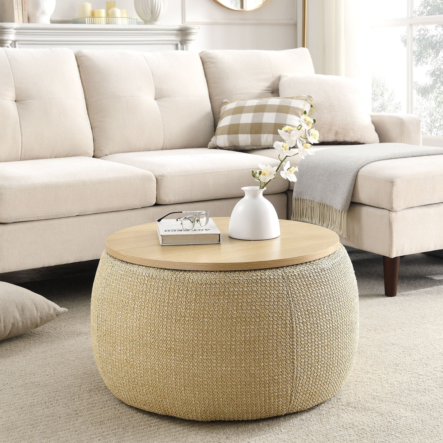 Round Storage Ottoman, 2 in 1 Function, Work as End table and Ottoman, Natural (25.5"x25.5"x14.5") - EcoStuff