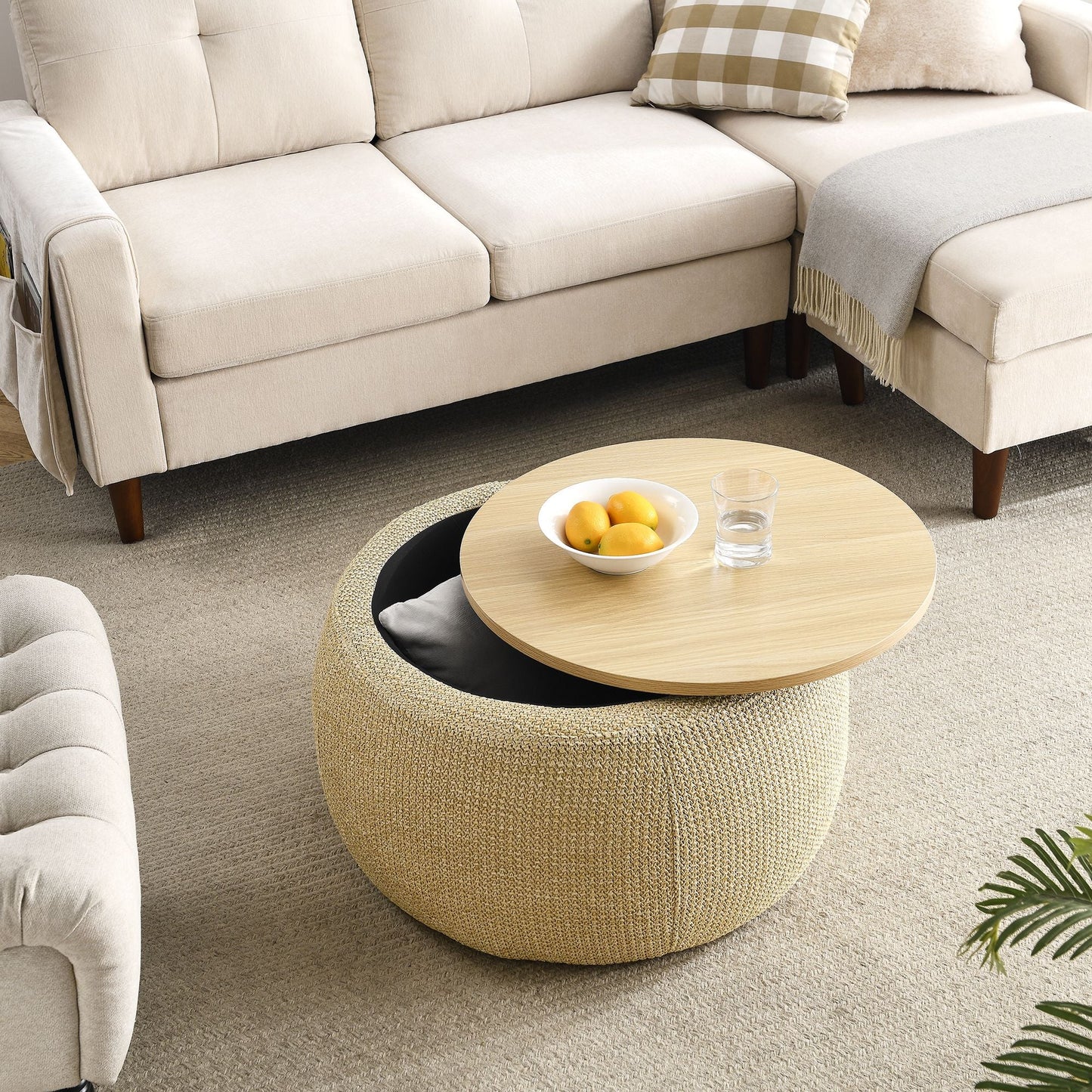 Round Storage Ottoman, 2 in 1 Function, Work as End table and Ottoman, Natural (25.5"x25.5"x14.5") - EcoStuff