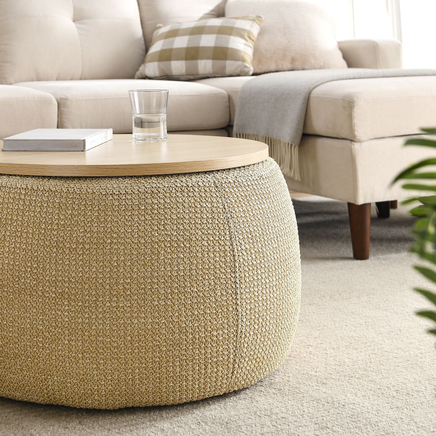 Round Storage Ottoman, 2 in 1 Function, Work as End table and Ottoman, Natural (25.5"x25.5"x14.5") - EcoStuff