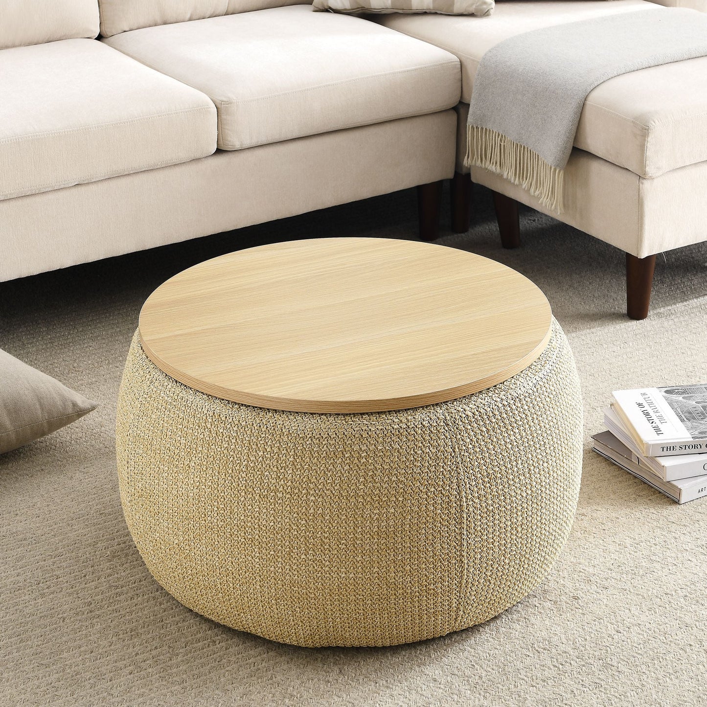 Round Storage Ottoman, 2 in 1 Function, Work as End table and Ottoman, Natural (25.5"x25.5"x14.5") - EcoStuff