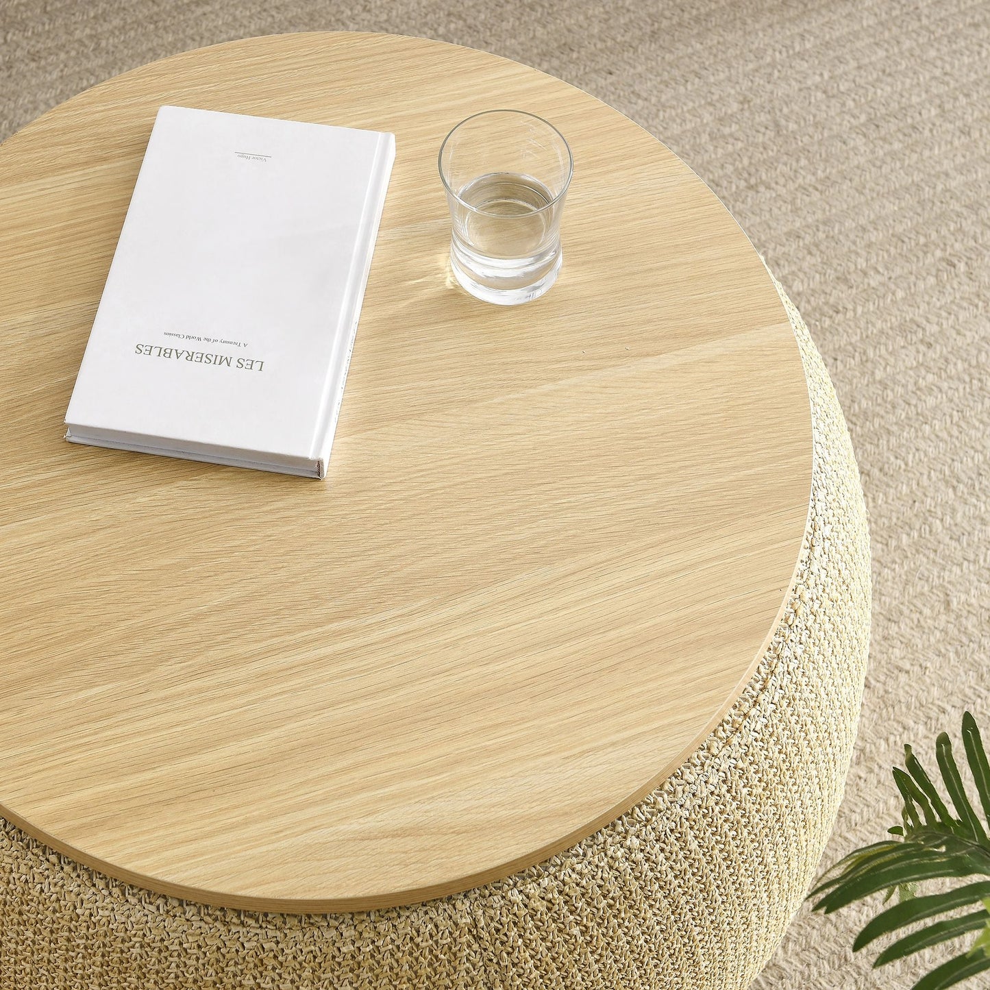 Round Storage Ottoman, 2 in 1 Function, Work as End table and Ottoman, Natural (25.5"x25.5"x14.5") - EcoStuff