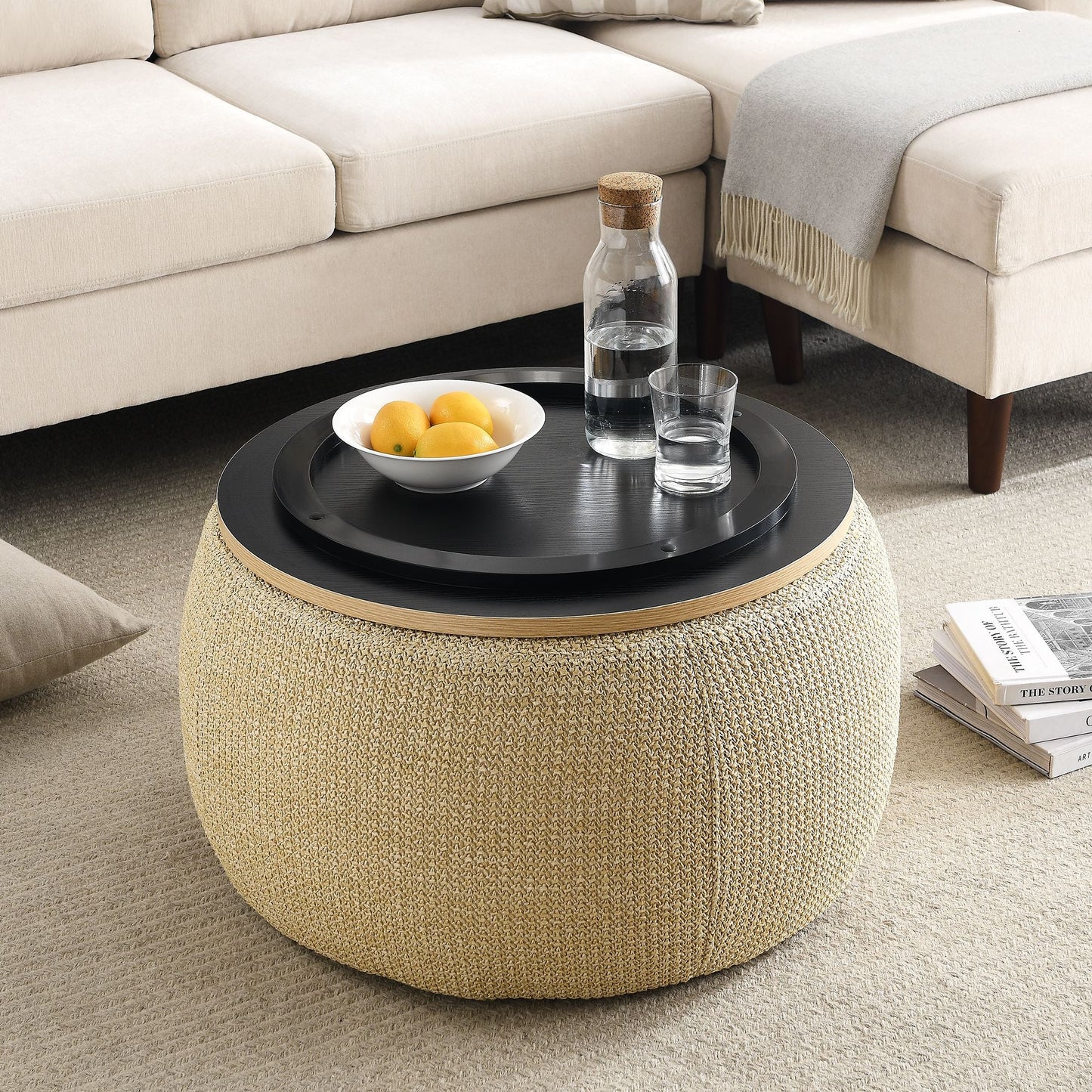 Round Storage Ottoman, 2 in 1 Function, Work as End table and Ottoman, Natural (25.5"x25.5"x14.5") - EcoStuff