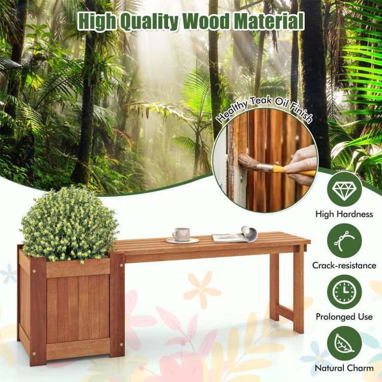 Teak Oil Finish Raised Garden Bed Wood Planter Box with Bench - EcoStuff