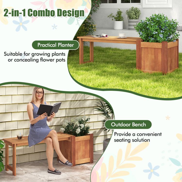 Teak Oil Finish Raised Garden Bed Wood Planter Box with Bench - EcoStuff