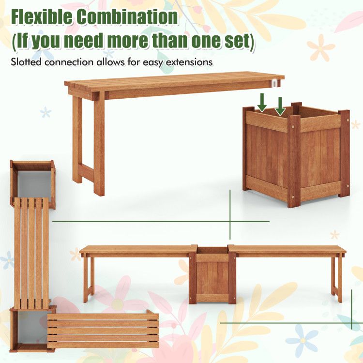 Teak Oil Finish Raised Garden Bed Wood Planter Box with Bench - EcoStuff