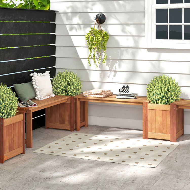 Teak Oil Finish Raised Garden Bed Wood Planter Box with Bench - EcoStuff
