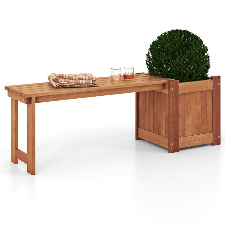 Teak Oil Finish Raised Garden Bed Wood Planter Box with Bench - EcoStuff