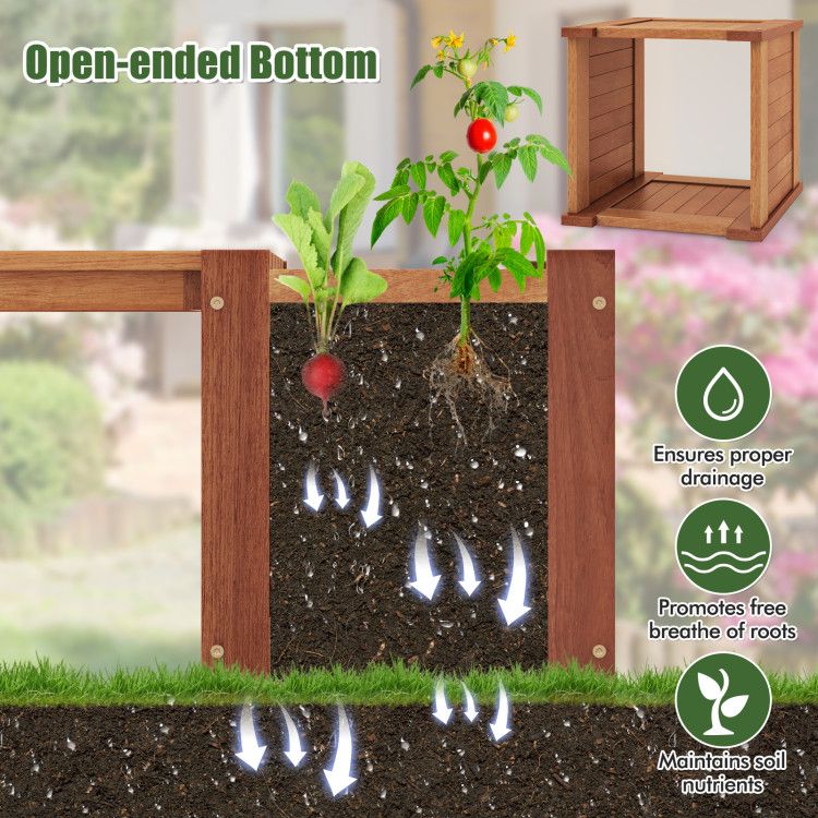 Teak Oil Finish Raised Garden Bed Wood Planter Box with Bench - EcoStuff