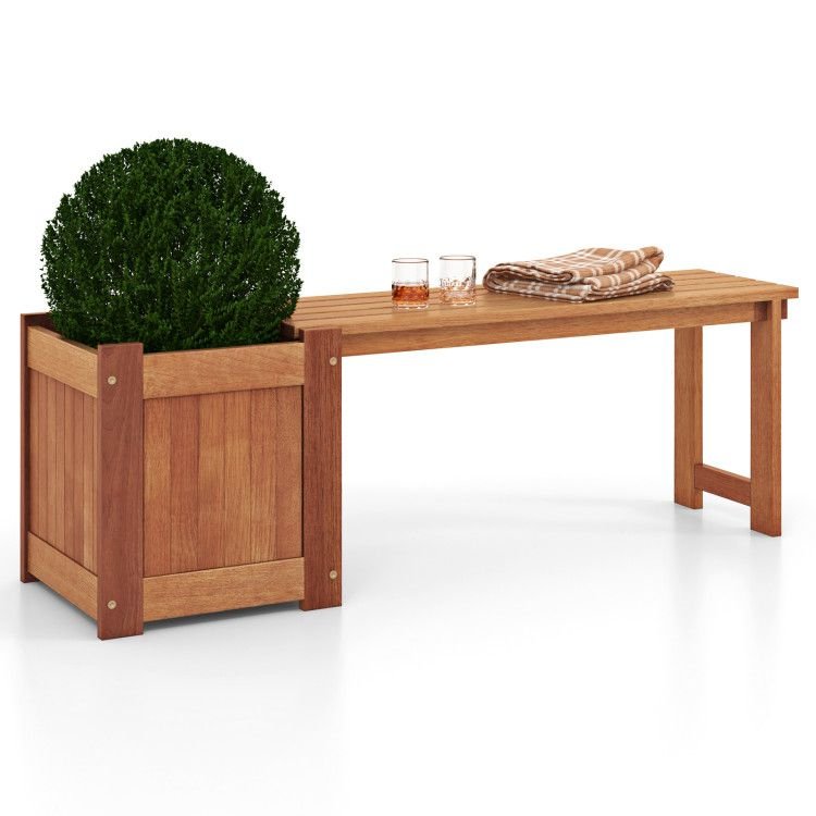 Teak Oil Finish Raised Garden Bed Wood Planter Box with Bench - EcoStuff