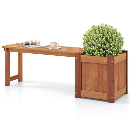 Teak Oil Finish Raised Garden Bed Wood Planter Box with Bench - EcoStuff