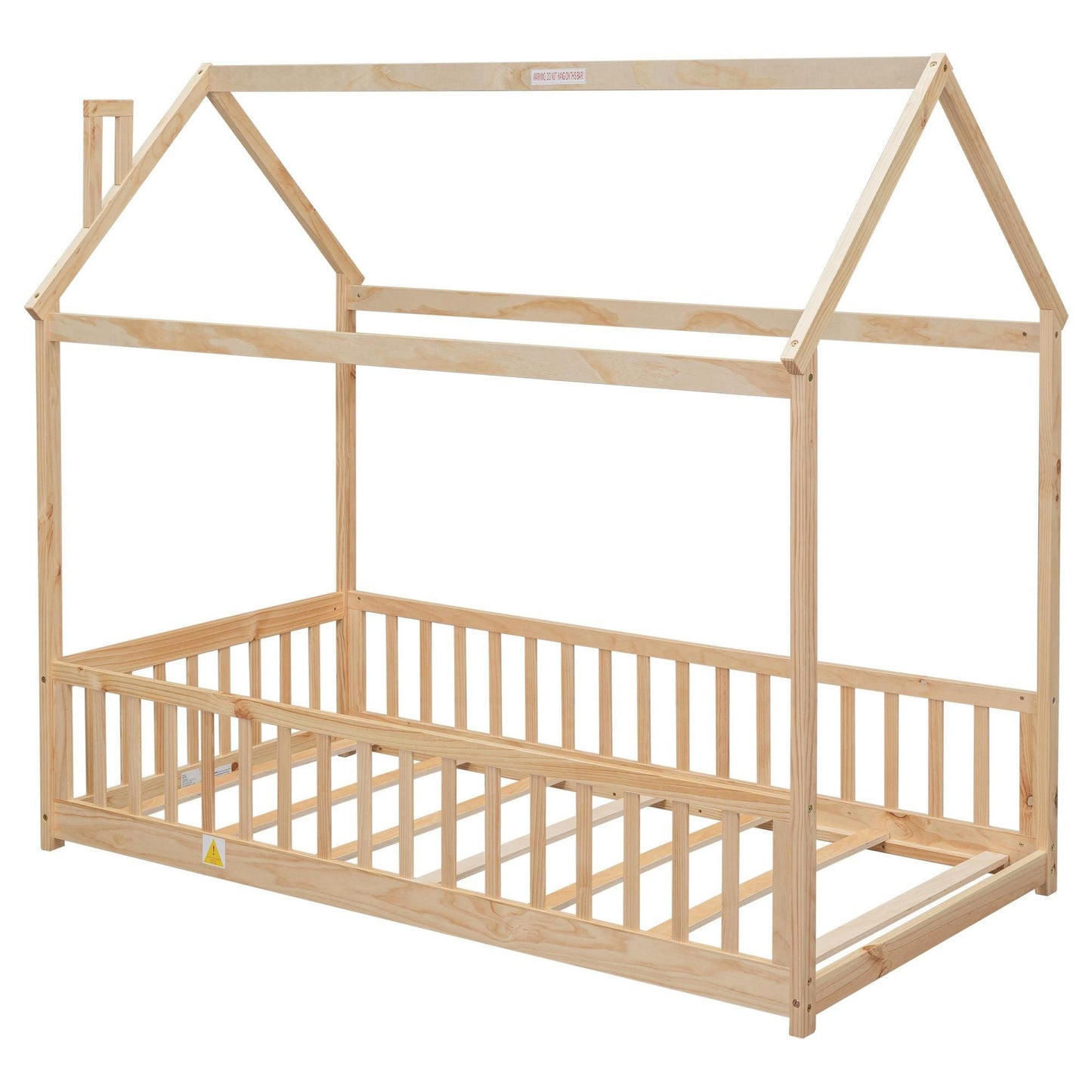 Twin House Bed with Guardrails, Slats ,Natural - EcoStuff
