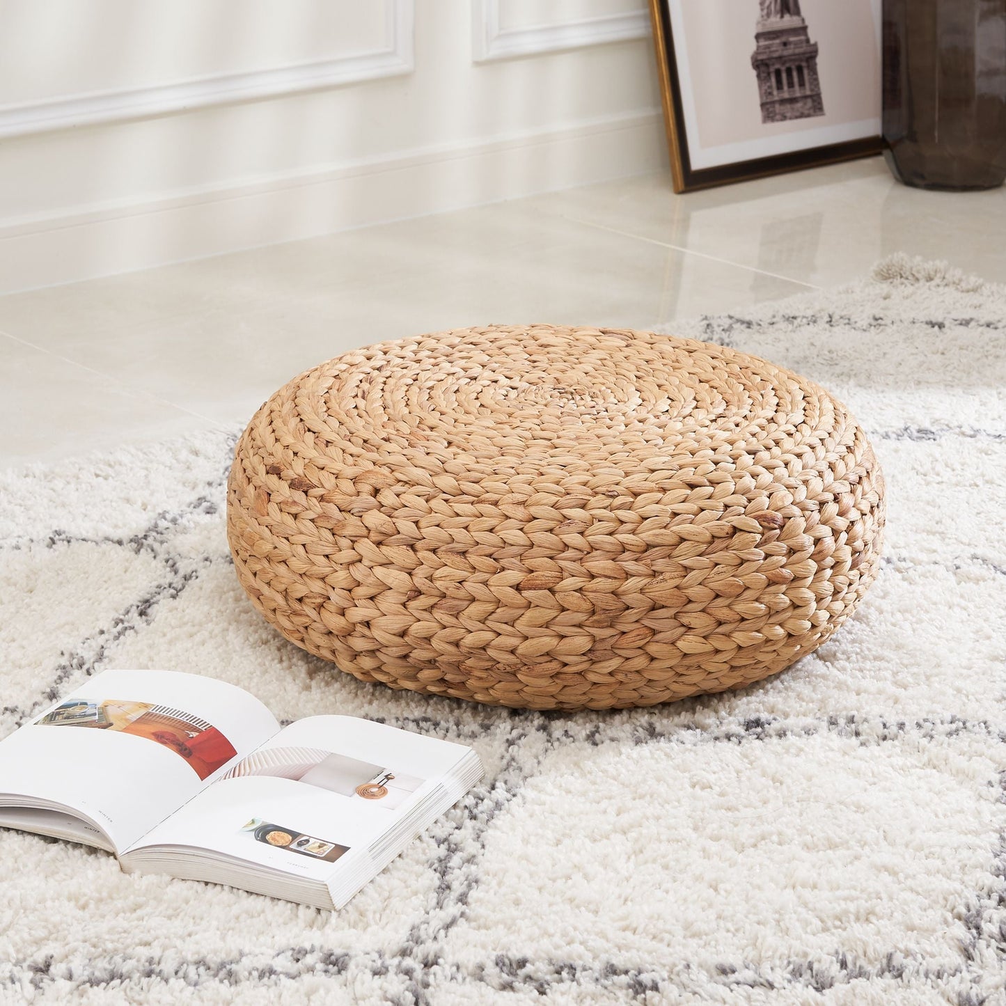 Water Hyacinth Woven Tatami Floor Cushion - 16" x 16" x 6" - Natural Brown - EcoStuff