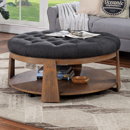 Wire-brushed Finish Natural Tone/Dark Gray 1pc Ottoman Button Linen Tufted - EcoStuff