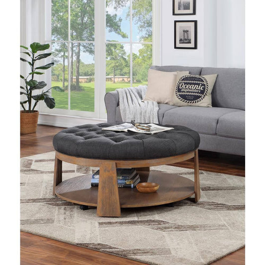 Wire-brushed Finish Natural Tone/Dark Gray 1pc Ottoman Button Linen Tufted - EcoStuff