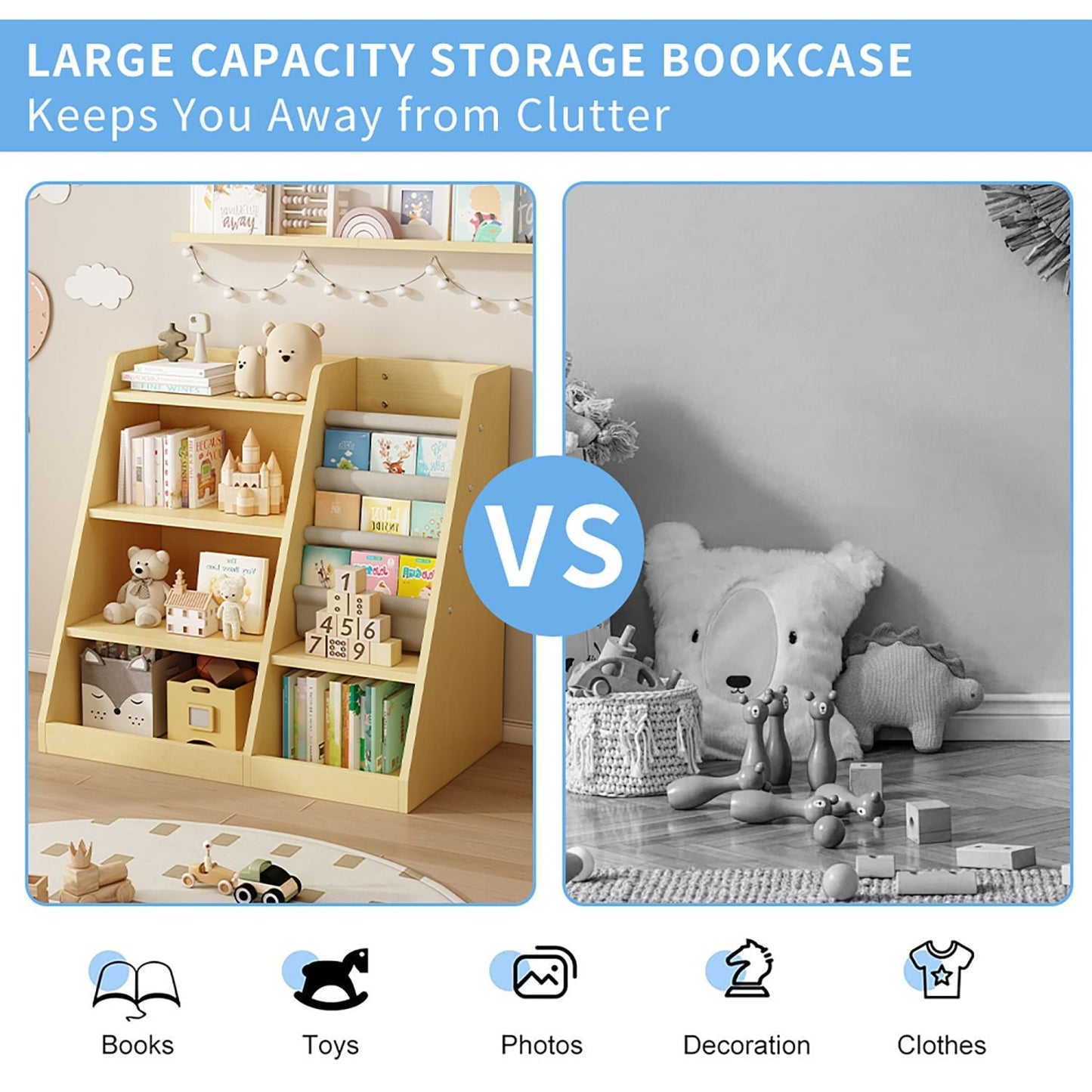 Wooden Toy Storage Organizer Natural/ Wood Kids Bookshelf - EcoStuff