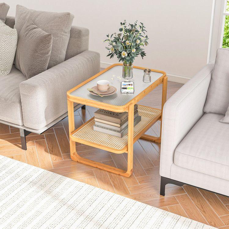 2-tier Bamboo Side Table with Glass Top - EcoStuff