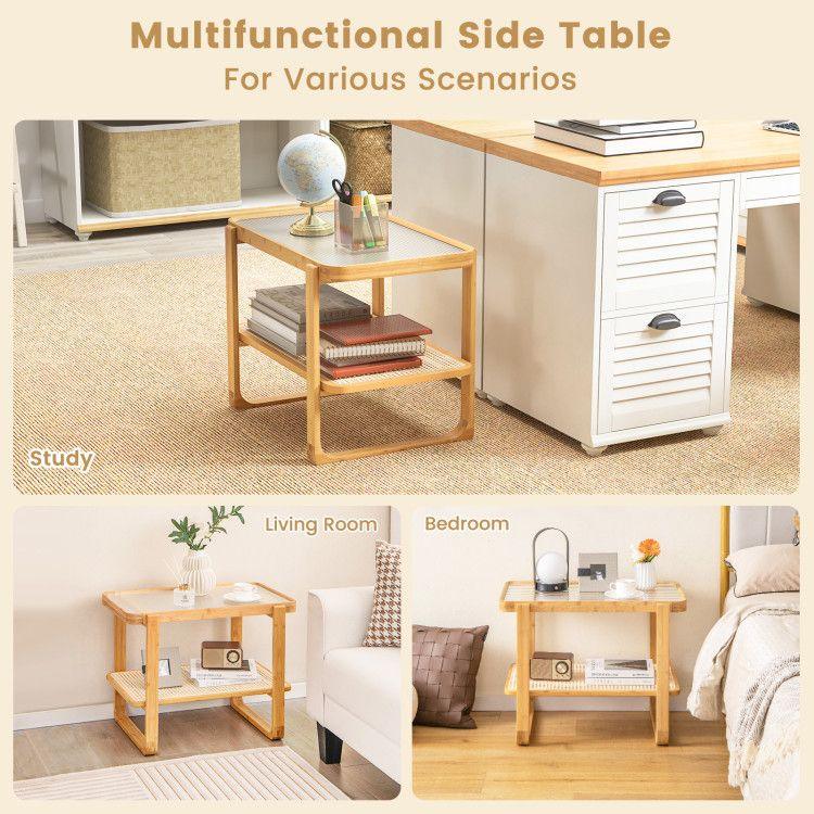 2-tier Bamboo Side Table with Glass Top - EcoStuff