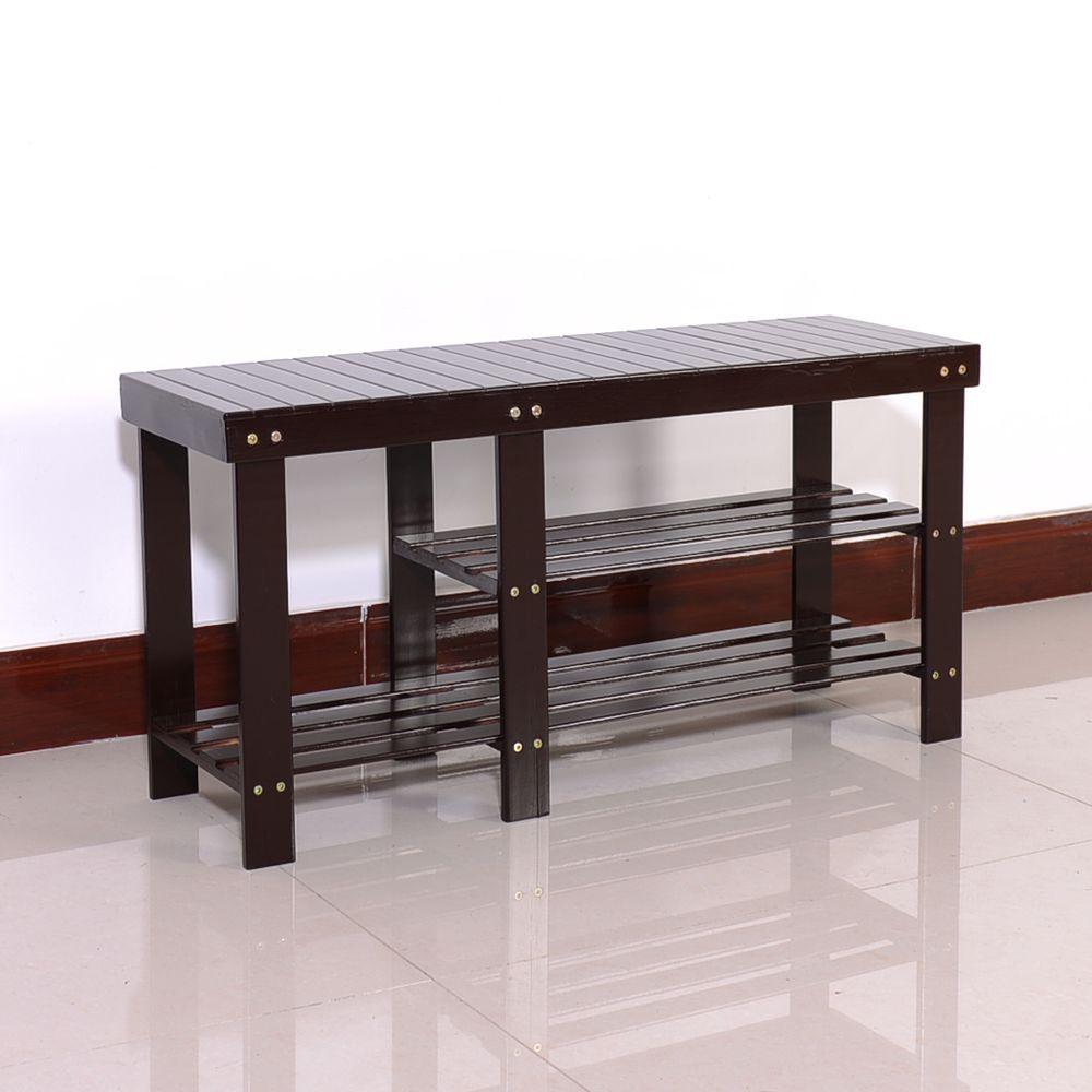 90cm Strip Pattern Tiers Bamboo Stool Shoe Rack with Boots Compartment RT - EcoStuff