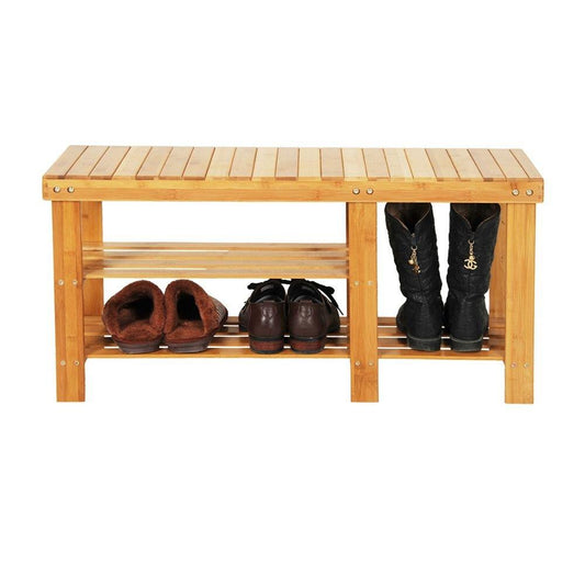 90cm Strip Pattern Tiers Bamboo Stool Shoe Rack with Boots Compartment RT - EcoStuff