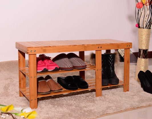 90cm Strip Pattern Tiers Bamboo Stool Shoe Rack with Boots Compartment RT - EcoStuff