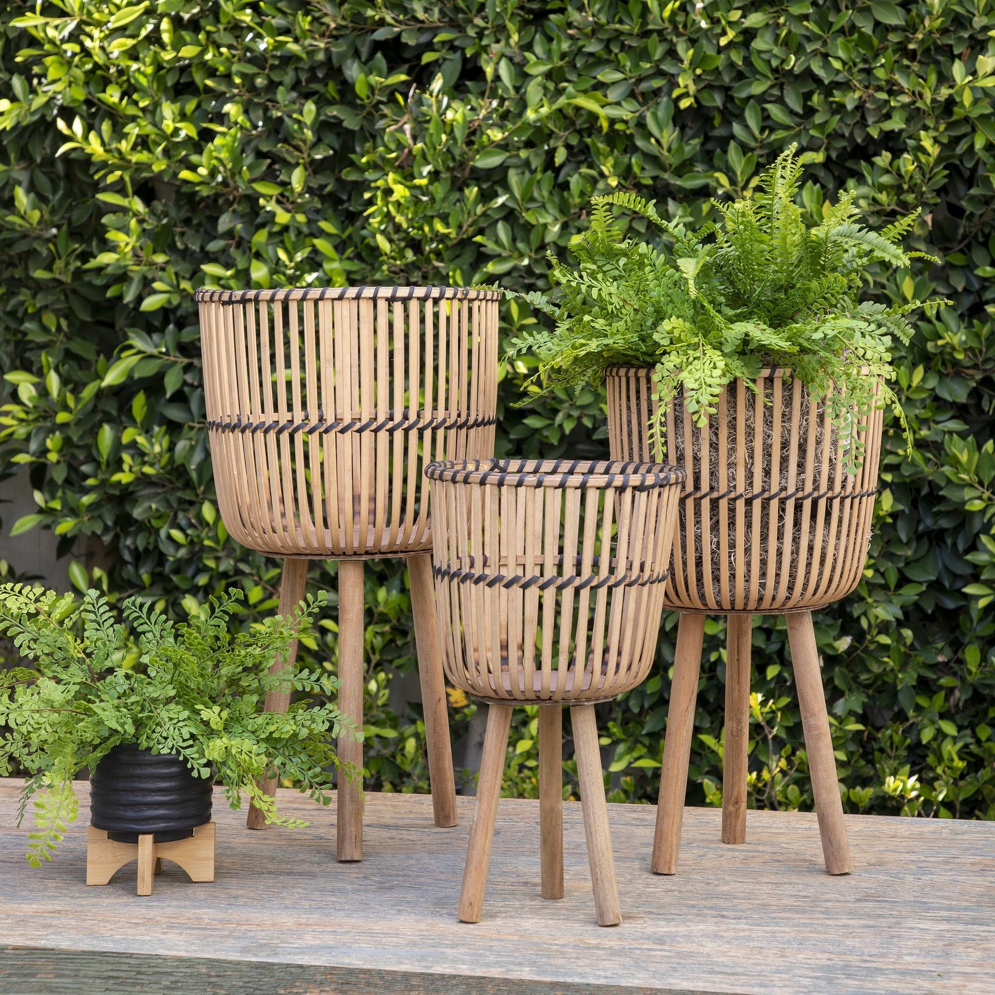 Bamboo Footed Planters Set of Three 11/13/15", NATURAL - EcoStuff