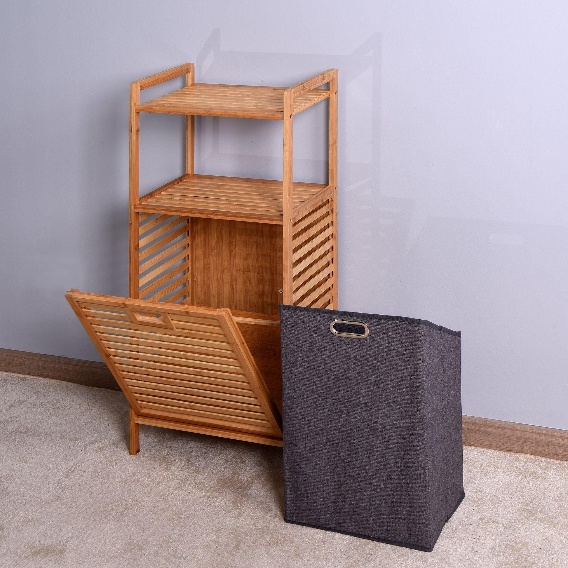 Bathroom Laundry Basket Bamboo Storage Basket with 2-tier Shelf 17.32 x 13 x 37.8 inch - EcoStuff