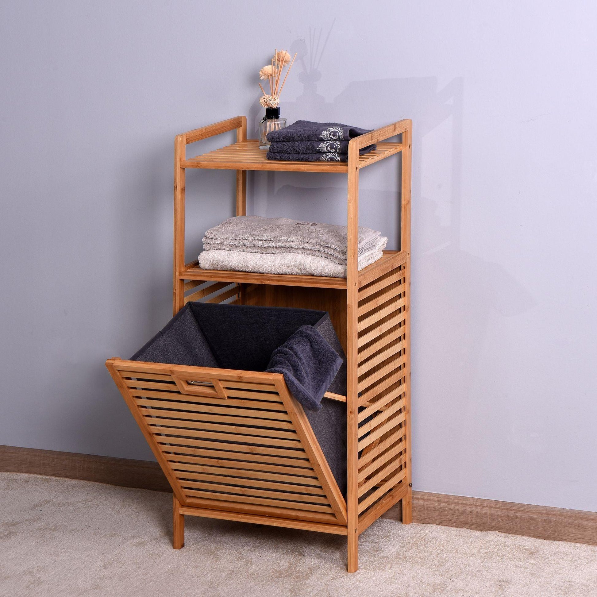 Bathroom Laundry Basket Bamboo Storage Basket with 2-tier Shelf 17.32 x 13 x 37.8 inch - EcoStuff