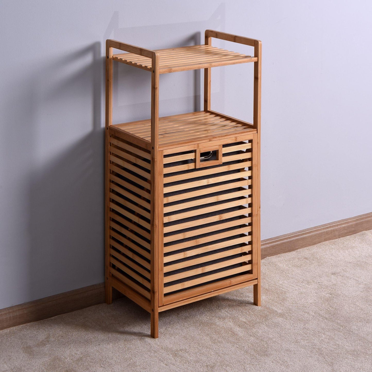 Bathroom Laundry Basket Bamboo Storage Basket with 2-tier Shelf 17.32 x 13 x 37.8 inch - EcoStuff