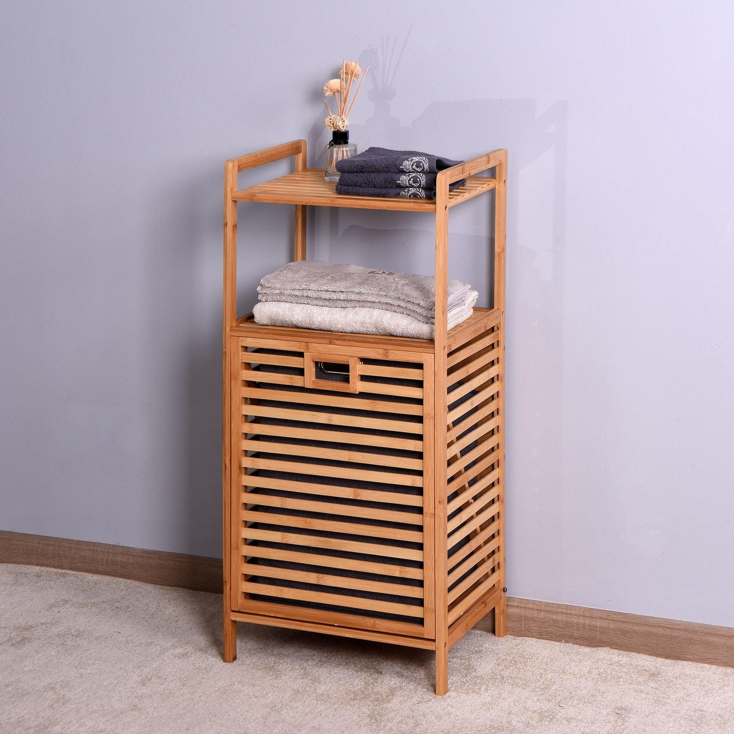 Bathroom Laundry Basket Bamboo Storage Basket with 2-tier Shelf 17.32 x 13 x 37.8 inch - EcoStuff