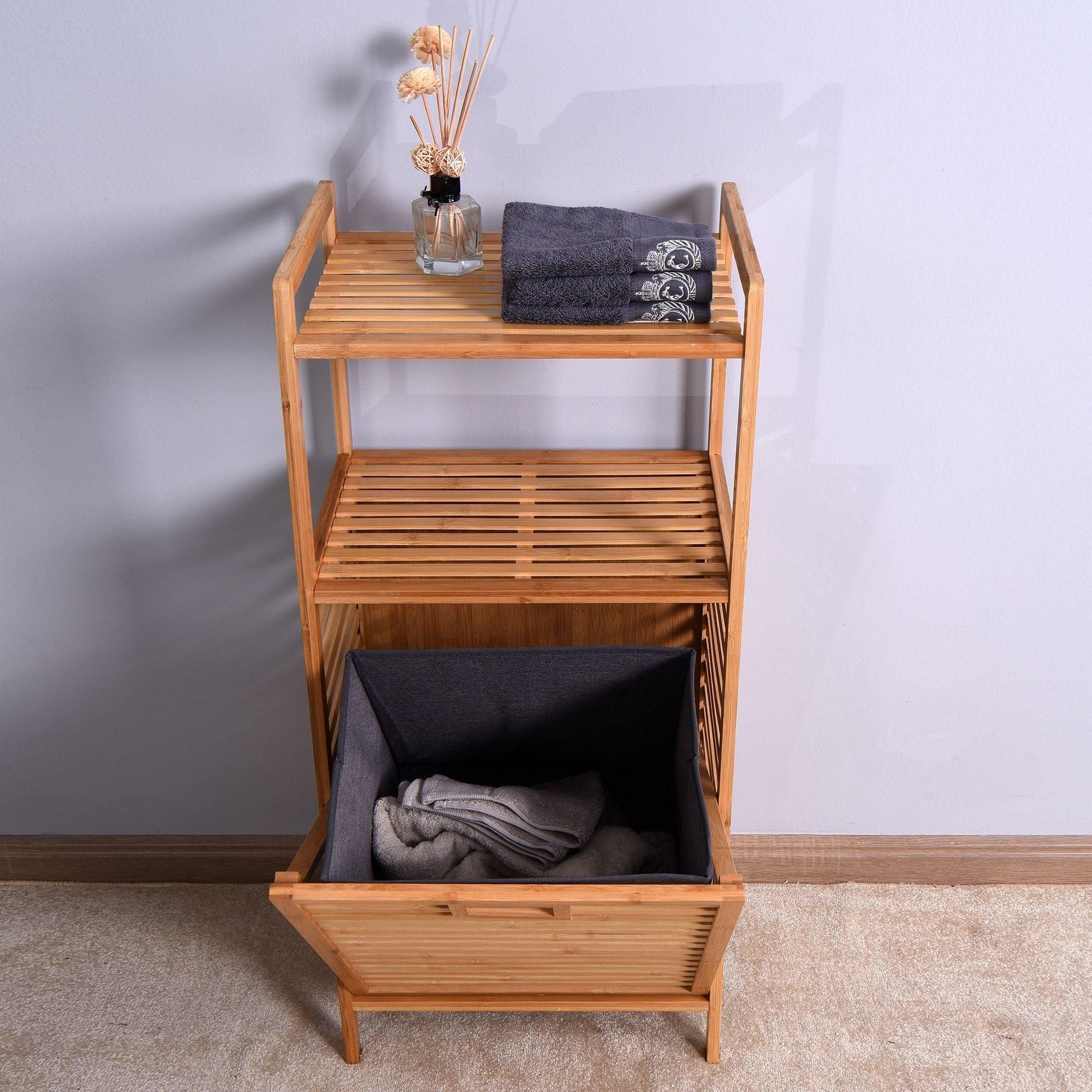 Bathroom Laundry Basket Bamboo Storage Basket with 2-tier Shelf 17.32 x 13 x 37.8 inch - EcoStuff