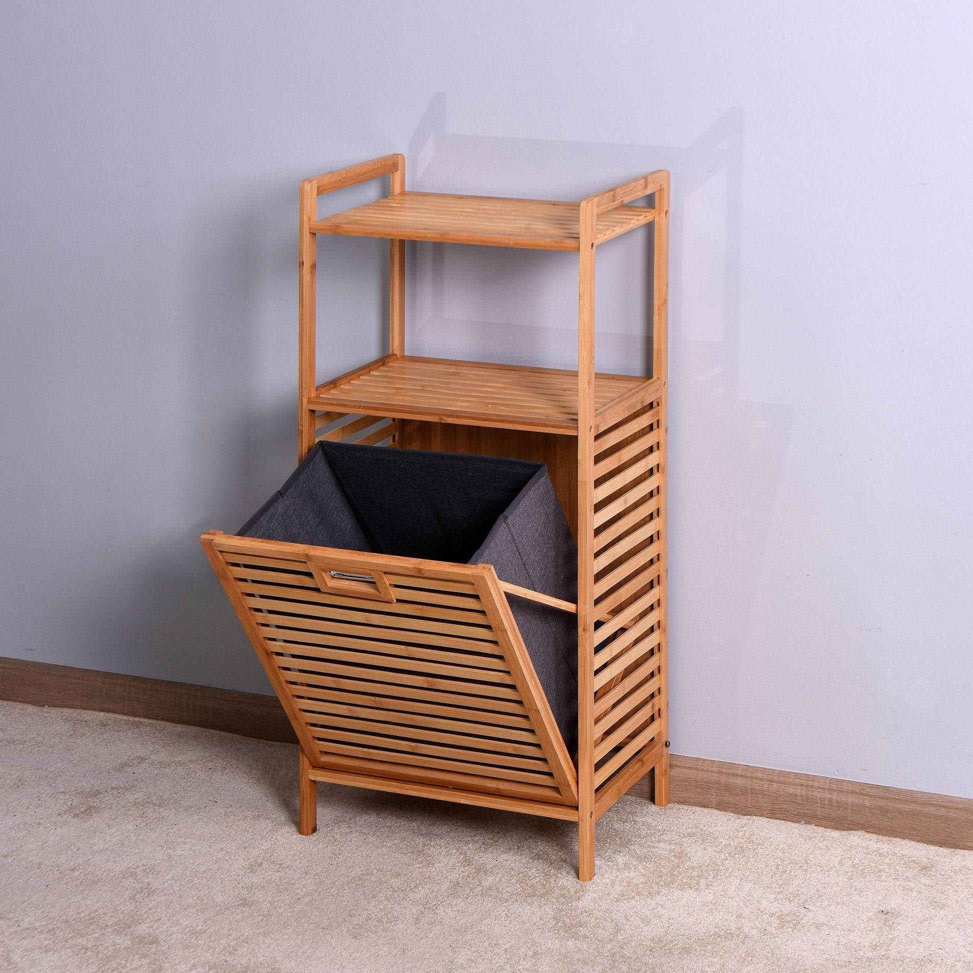 Bathroom Laundry Basket Bamboo Storage Basket with 2-tier Shelf 17.32 x 13 x 37.8 inch - EcoStuff