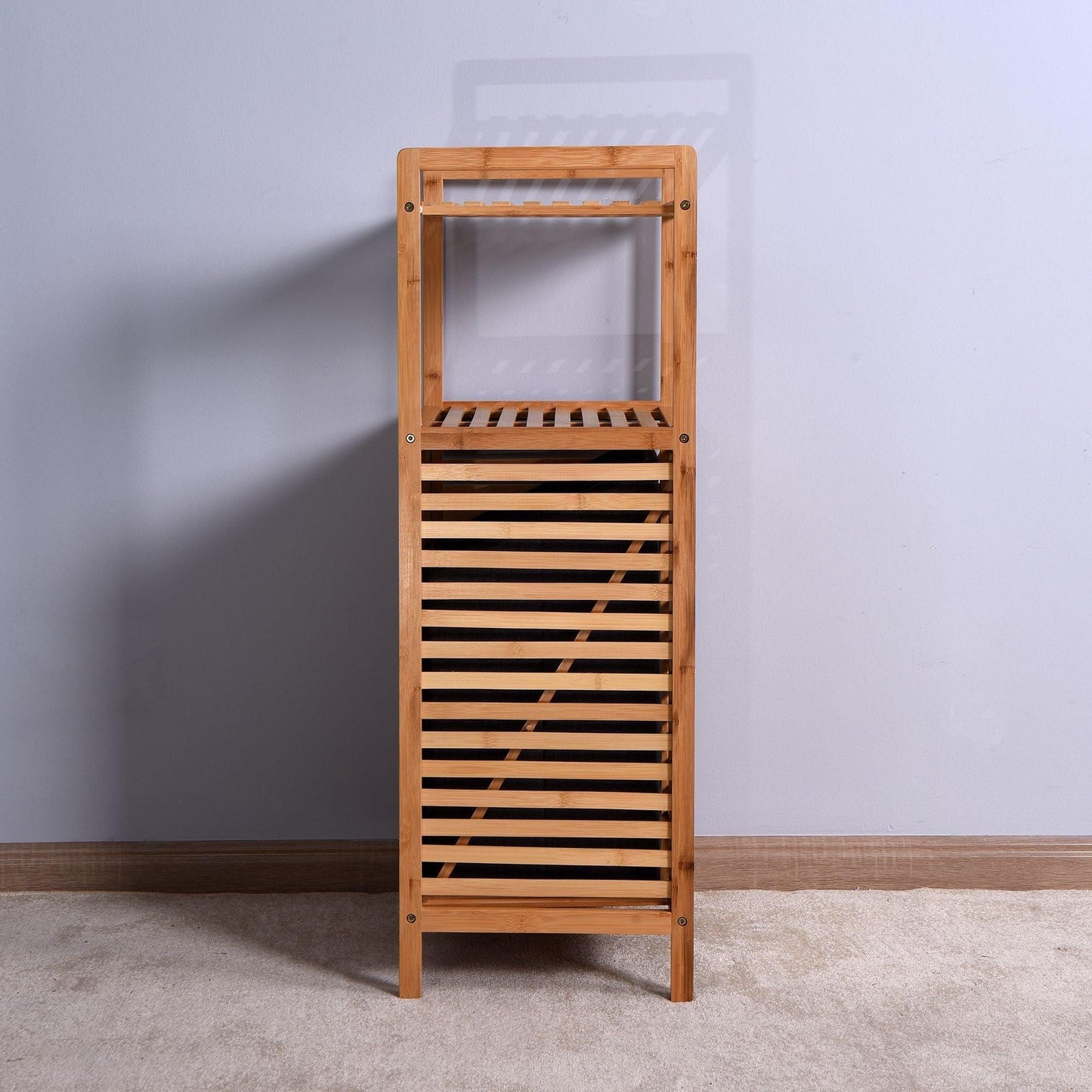 Bathroom Laundry Basket Bamboo Storage Basket with 2-tier Shelf 17.32 x 13 x 37.8 inch - EcoStuff