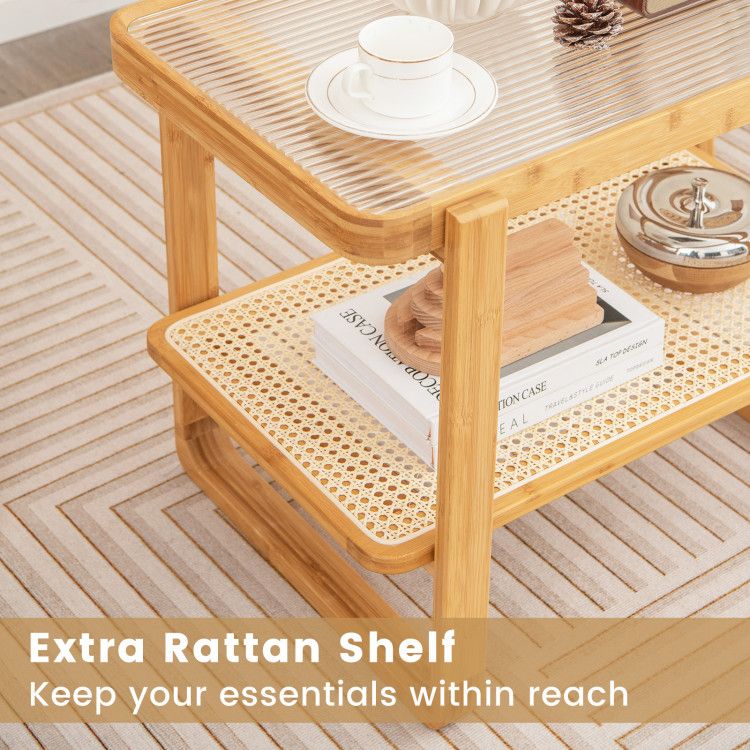 2-tier Bamboo Side Table with Glass Top